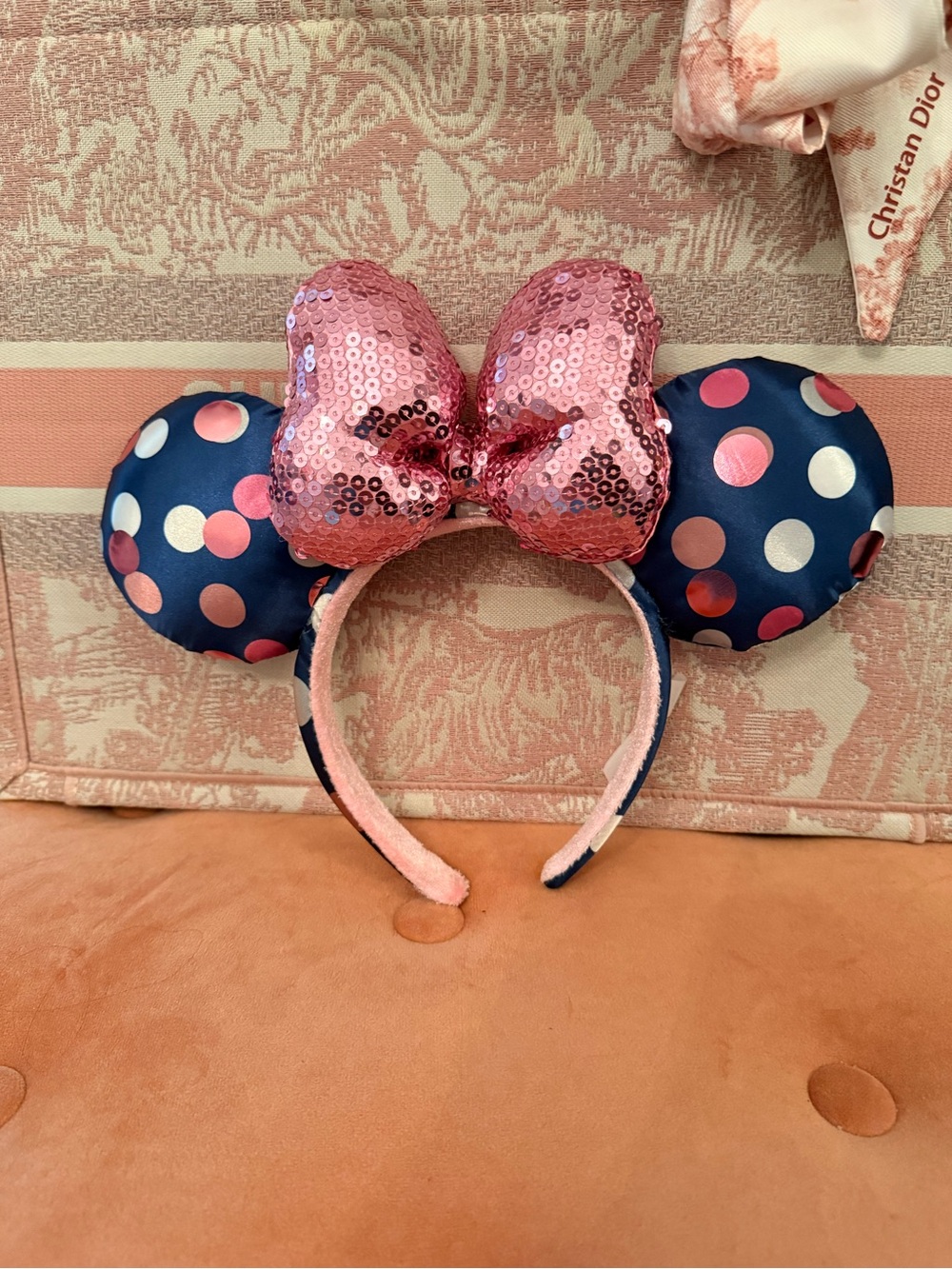 Polka Dot Disney parks Minnie Ear Headband with Pink Sequin Bow